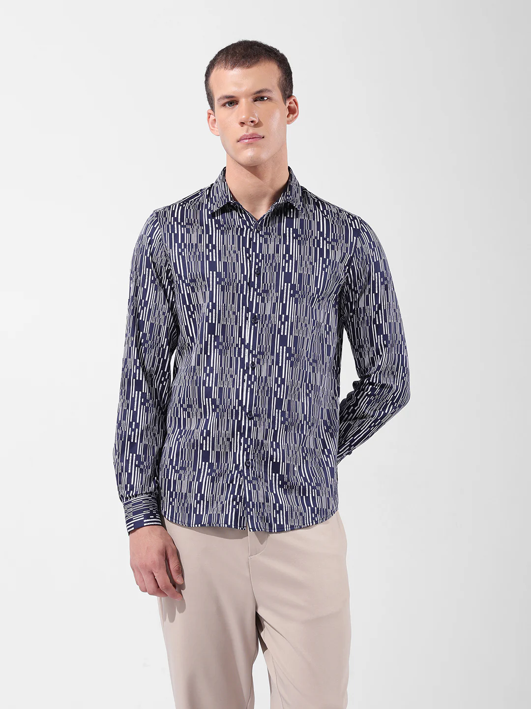 Men's Navy Blue Slim Fit Printed Party Wear Shirt - Image 7