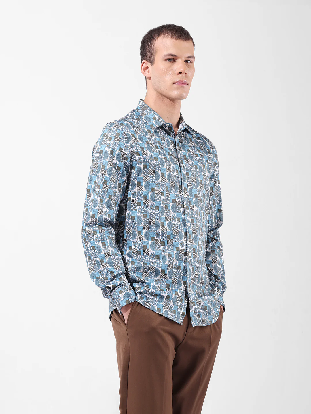 Men's Blue Slim Fit Printed Party Wear Shirt - Image 4