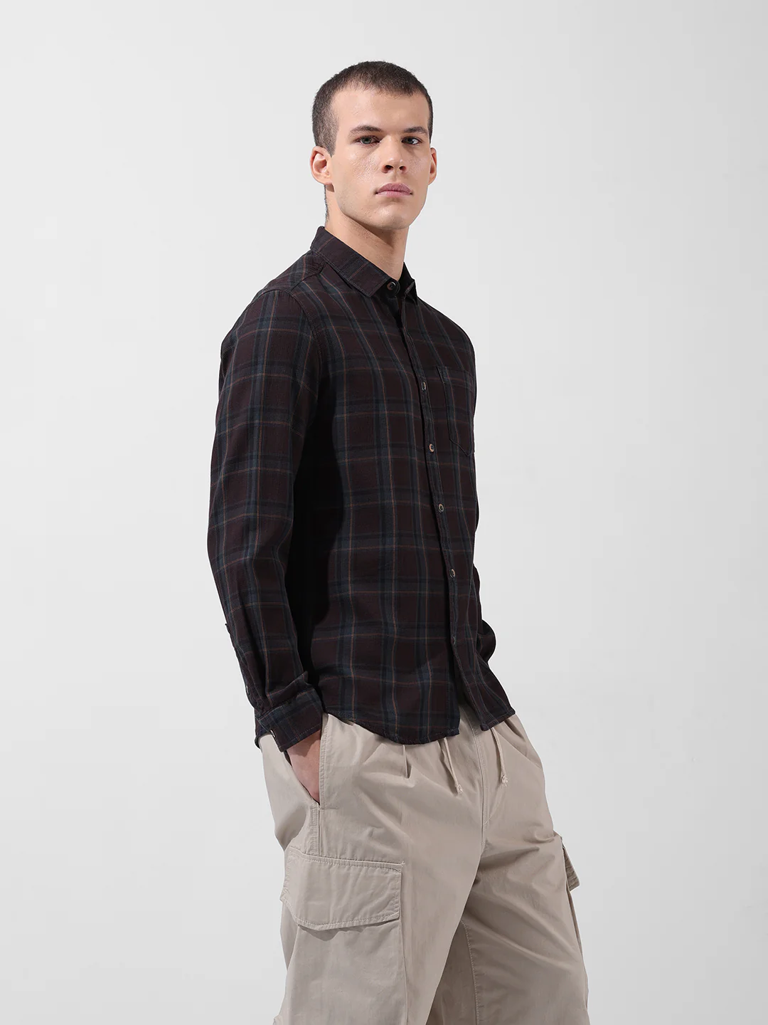 Men's Brown Slim Fit Checked Casual Shirt - Image 3