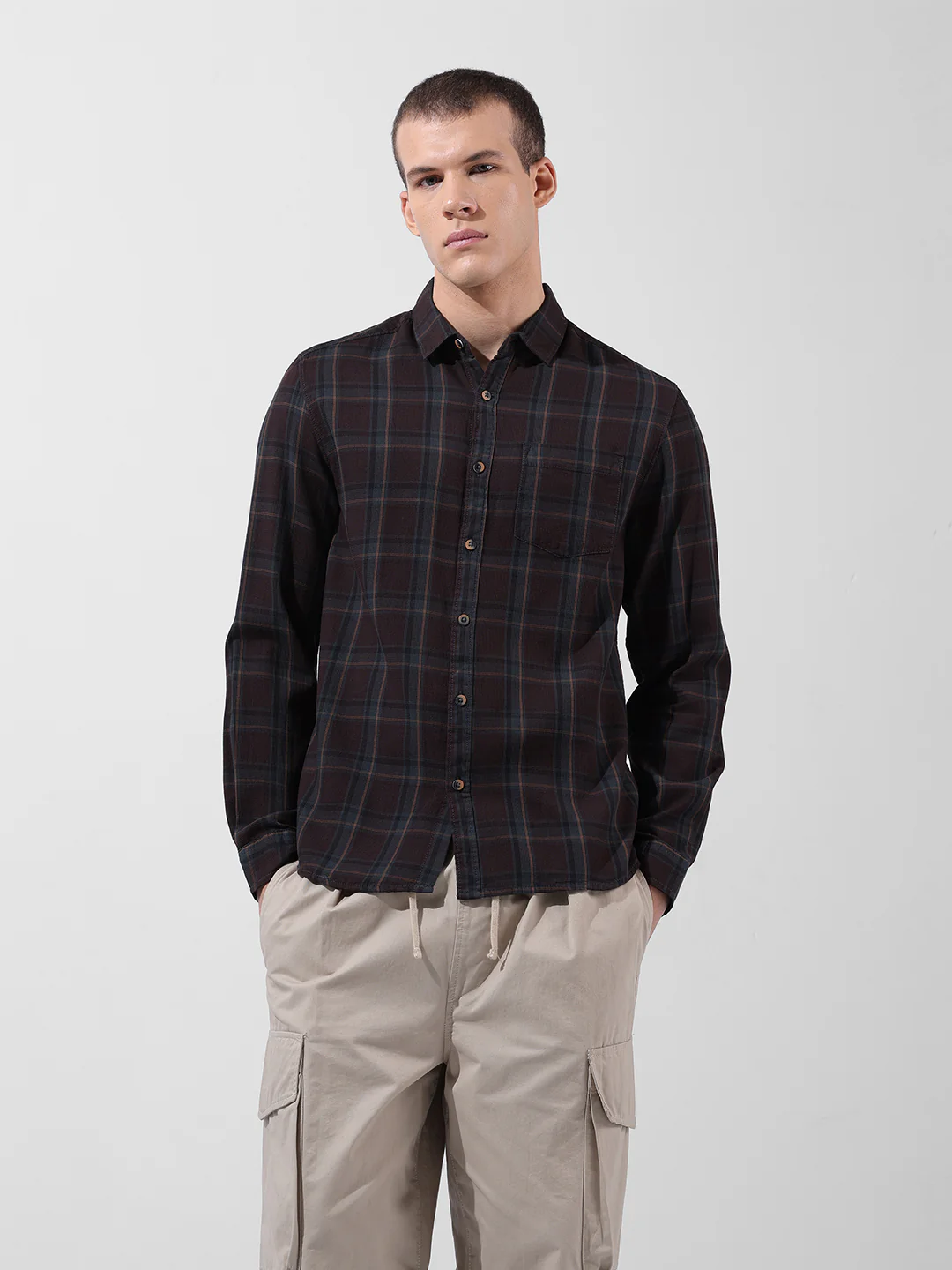 Men's Brown Slim Fit Checked Casual Shirt - Image 7