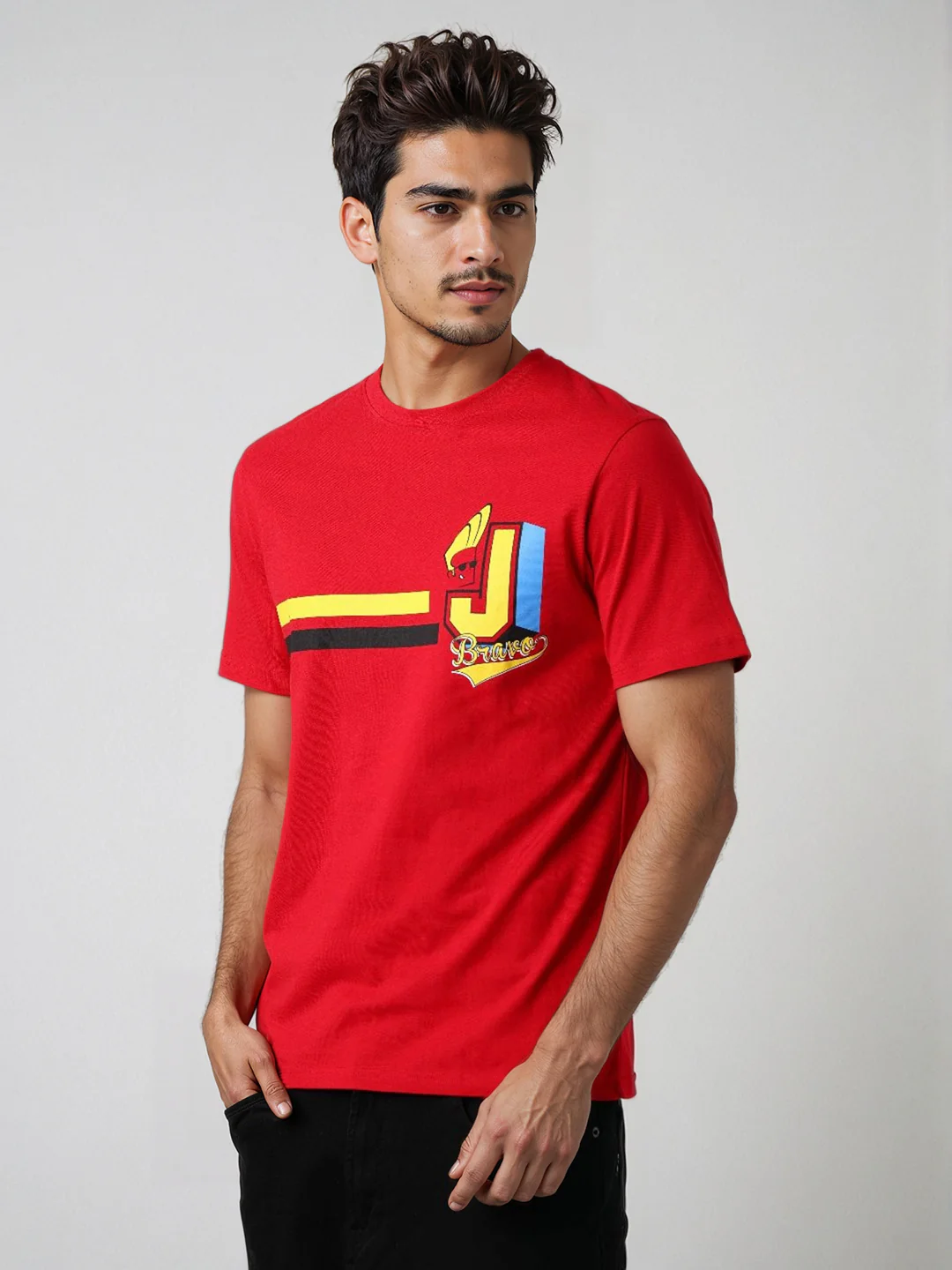 Men's Red Slim Fit Character Johnny Bravo Printed T-Shirt - Image 5