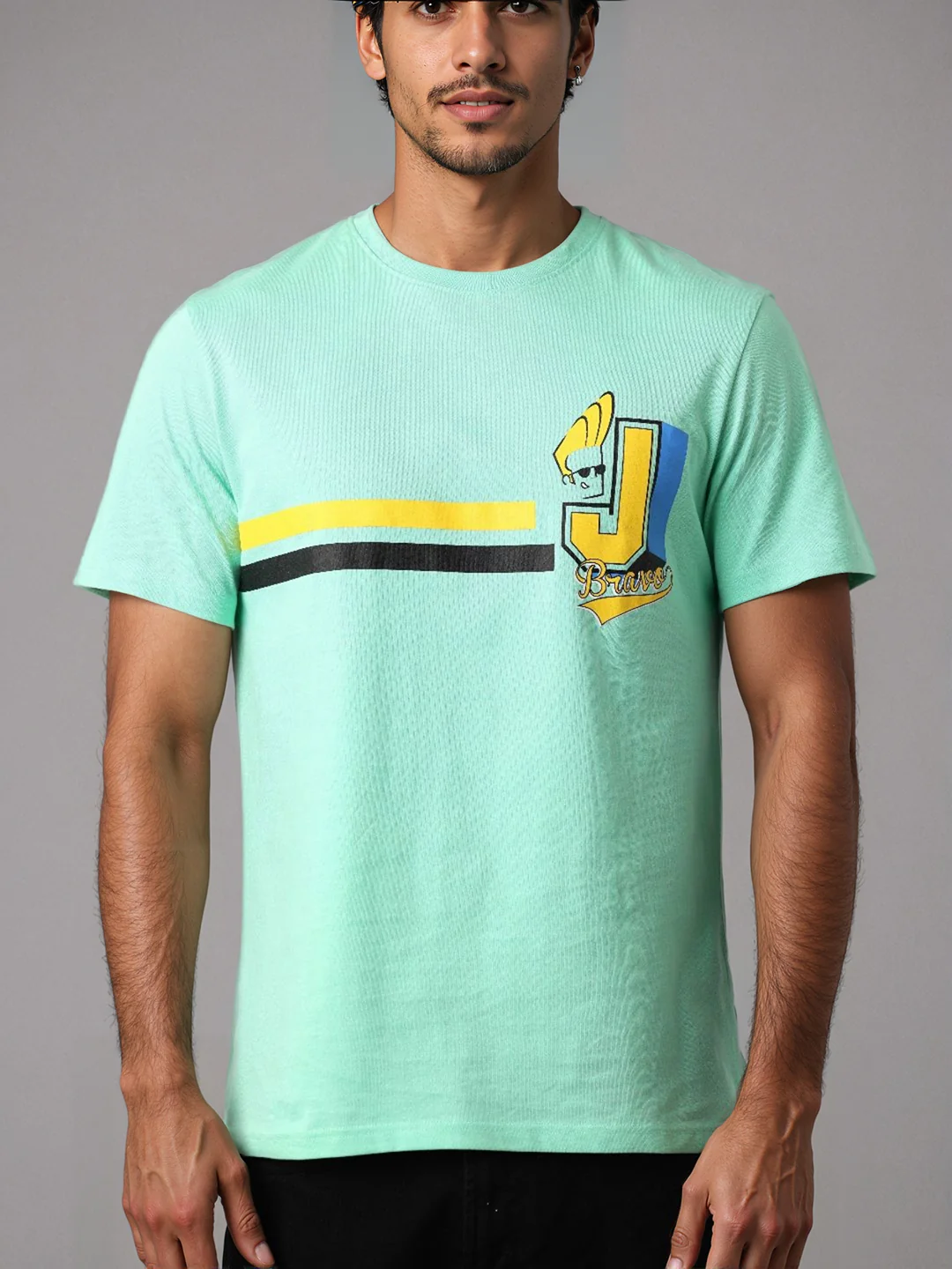 Men's Green Slim Fit Character Johnny Bravo Printed Crew Neck T-Shirt - Image 3