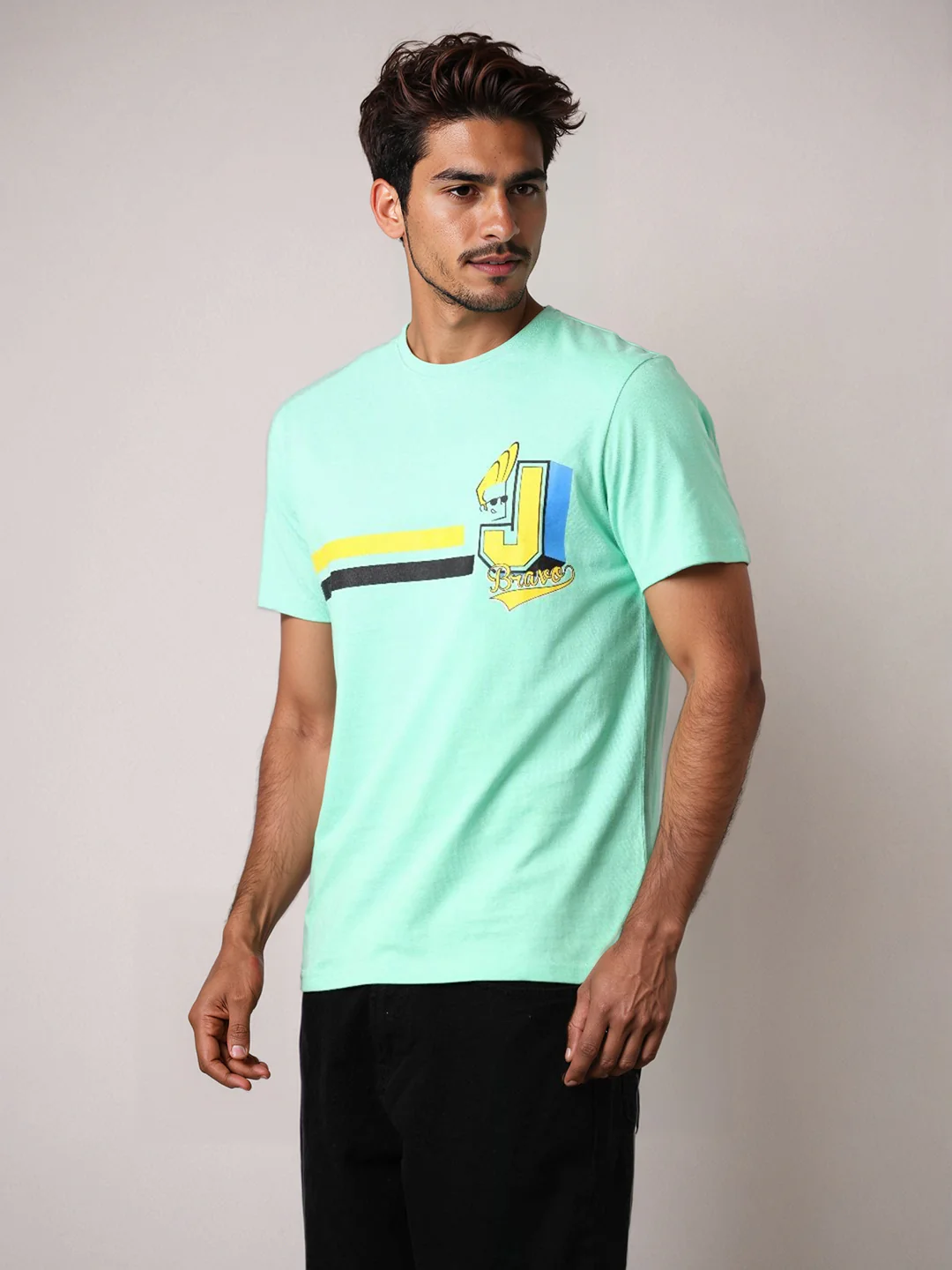 Men's Green Slim Fit Character Johnny Bravo Printed Crew Neck T-Shirt - Image 5