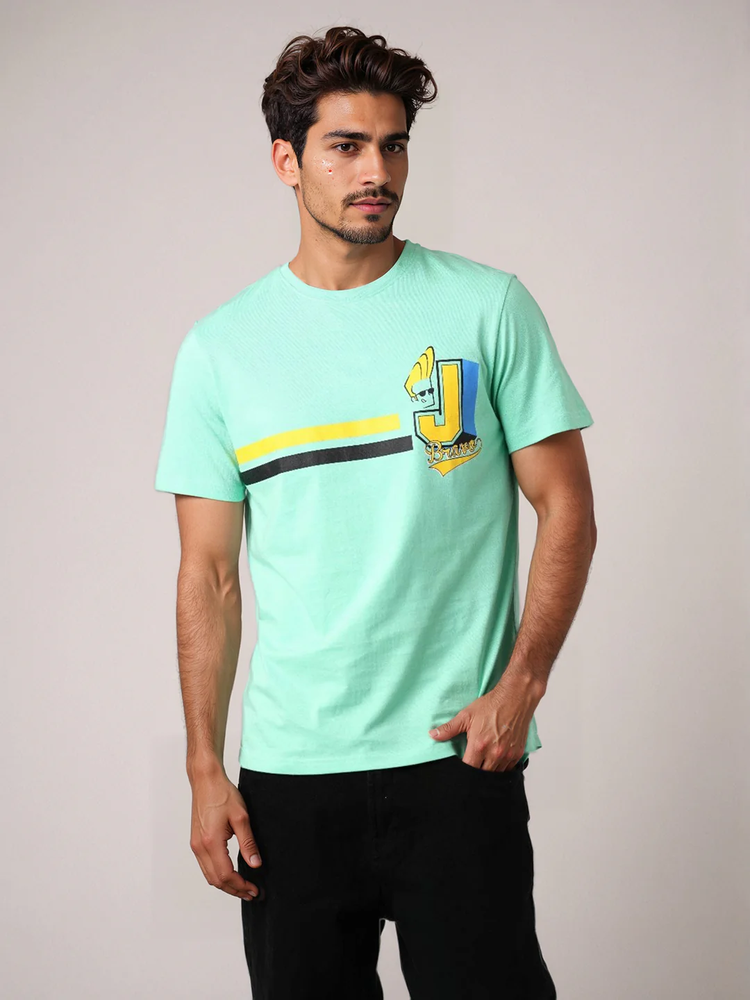 Men's Green Slim Fit Character Johnny Bravo Printed Crew Neck T-Shirt - Image 6