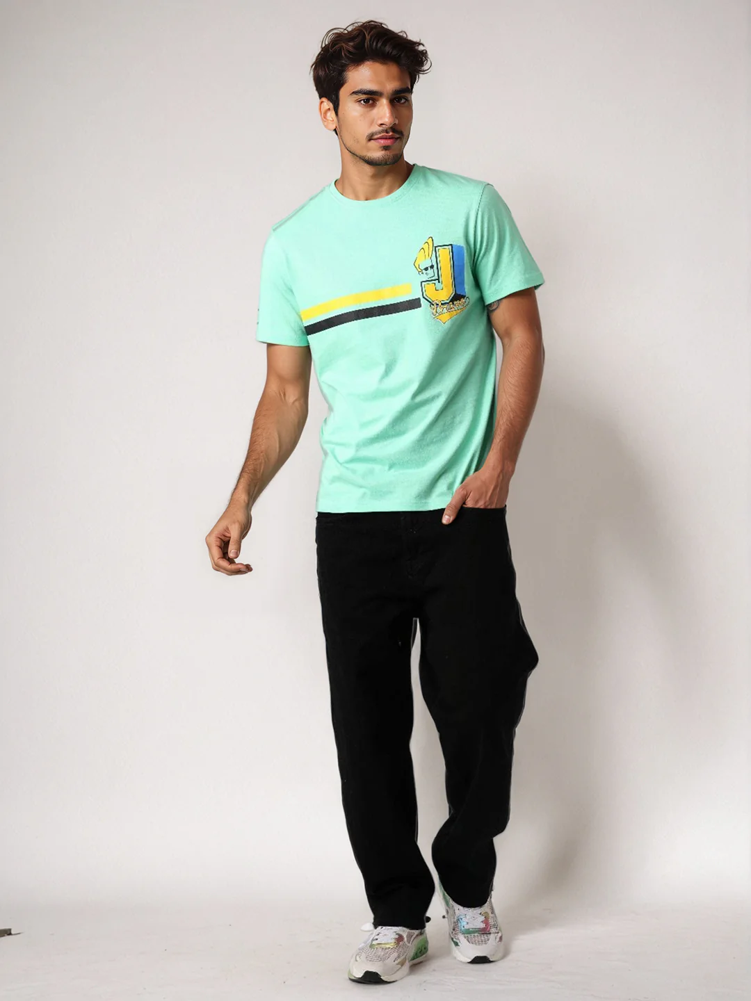 Men's Green Slim Fit Character Johnny Bravo Printed Crew Neck T-Shirt - Image 7