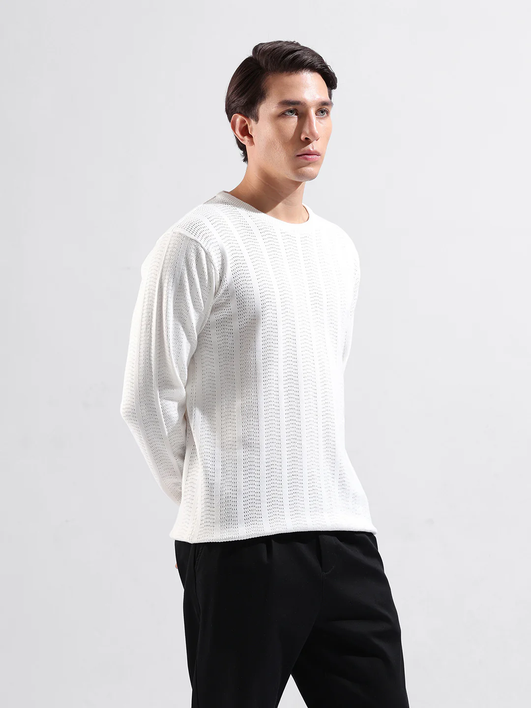 Men's White Slim Fit Solid Flat Knit Crew Neck T-Shirt - Image 2