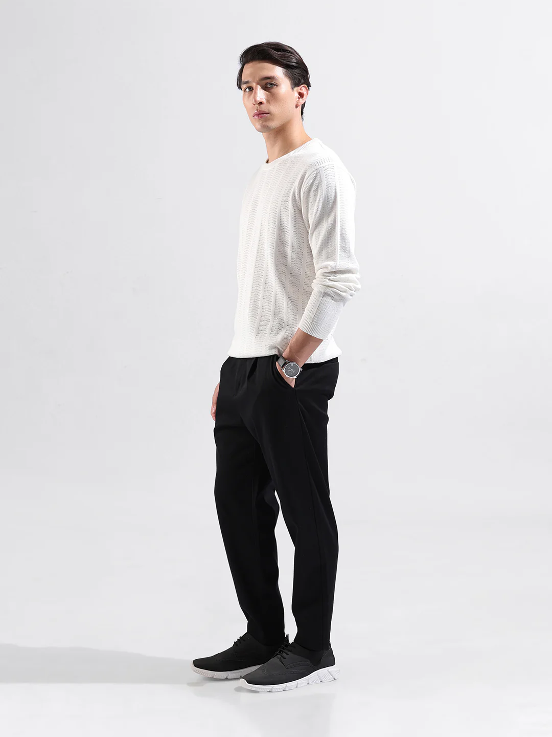 Men's White Slim Fit Solid Flat Knit Crew Neck T-Shirt - Image 4