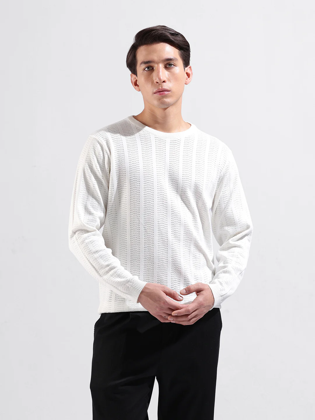 Men's White Slim Fit Solid Flat Knit Crew Neck T-Shirt - Image 5