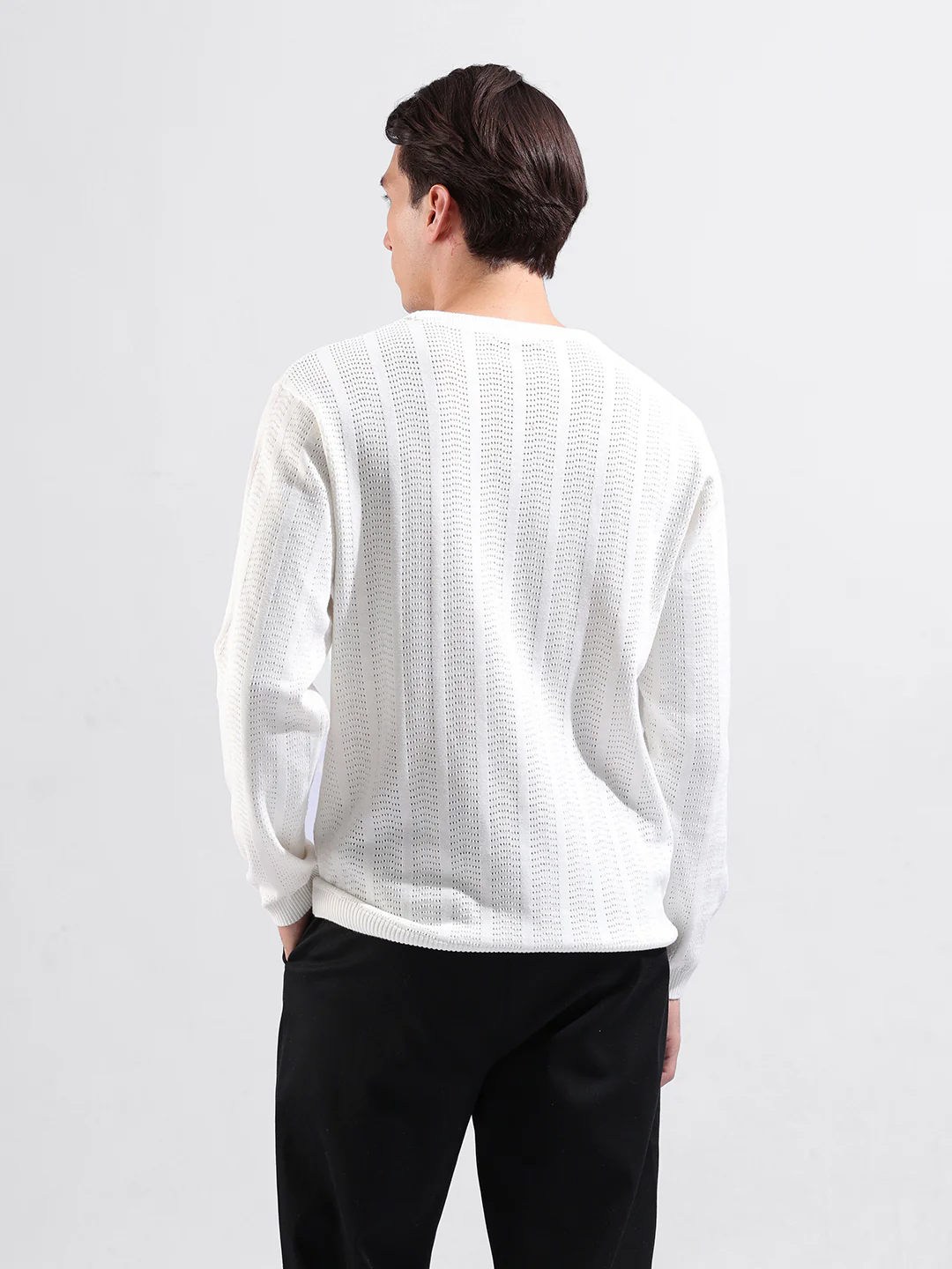 Men's White Slim Fit Solid Flat Knit Crew Neck T-Shirt - Image 6