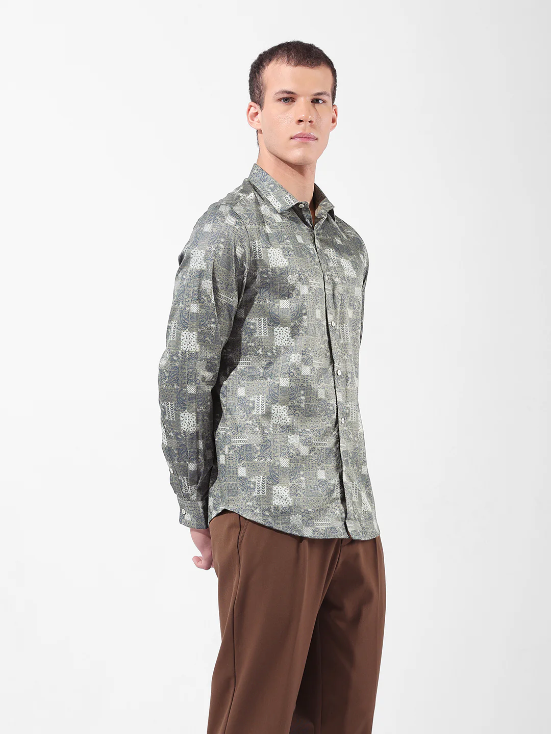 Men's Olive Slim Fit Printed Party Wear Shirt - Image 2