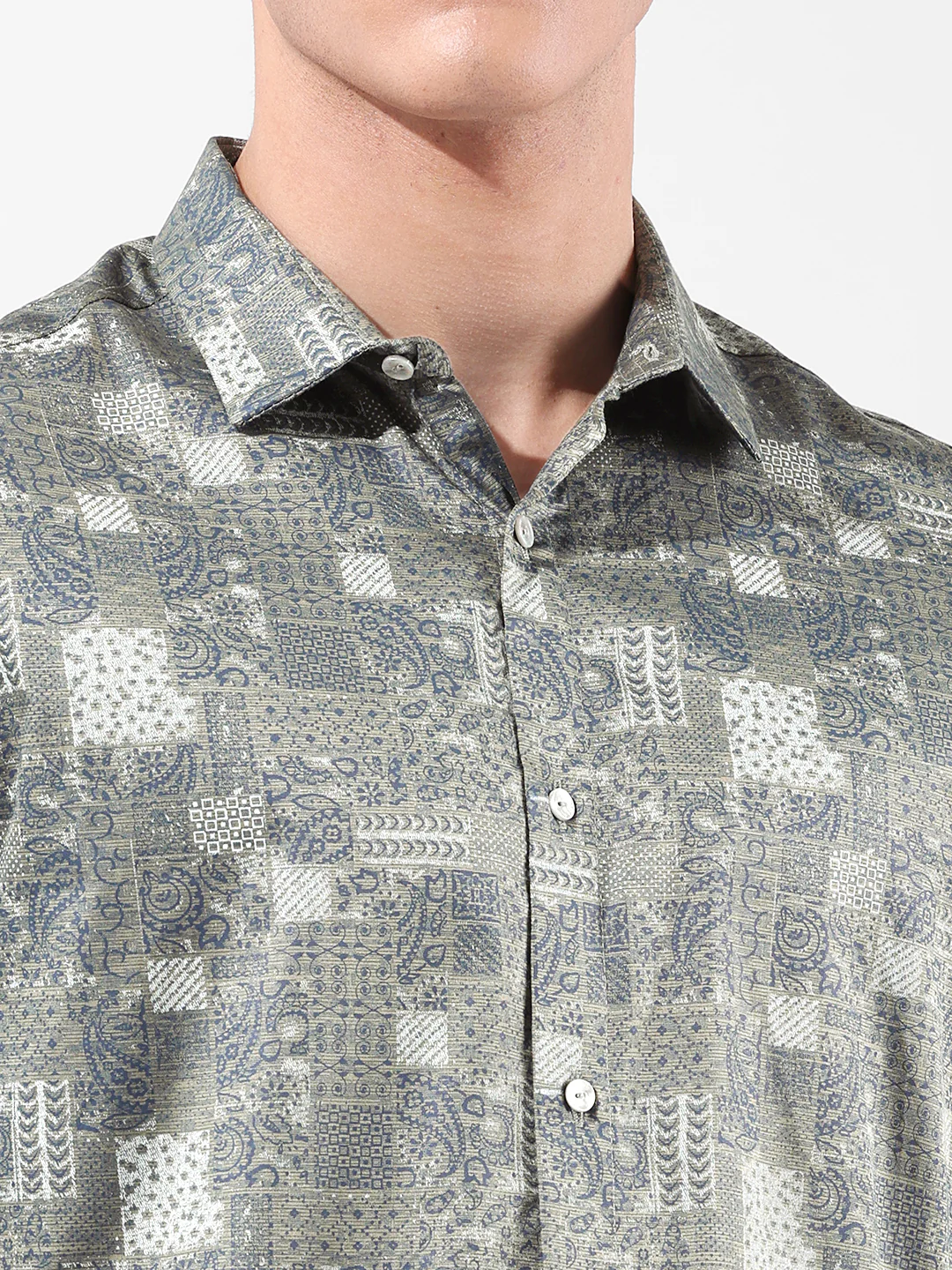 Men's Olive Slim Fit Printed Party Wear Shirt - Image 3