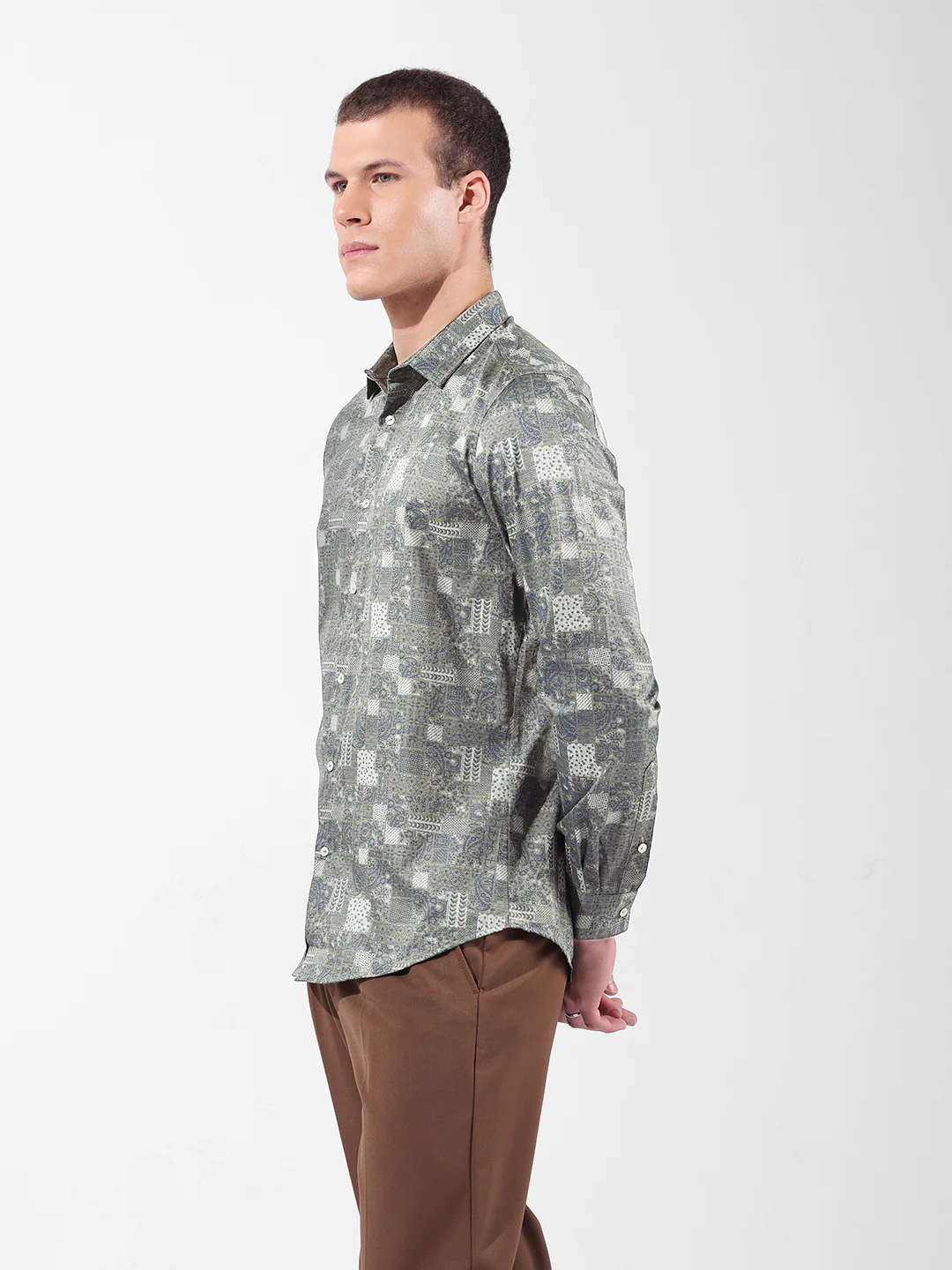 Men's Olive Slim Fit Printed Party Wear Shirt - Image 4