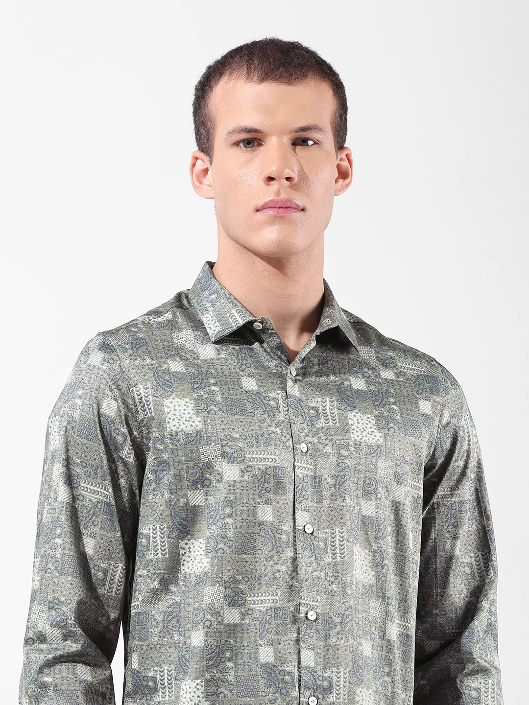 Men's Olive Slim Fit Printed Party Wear Shirt - Image 6