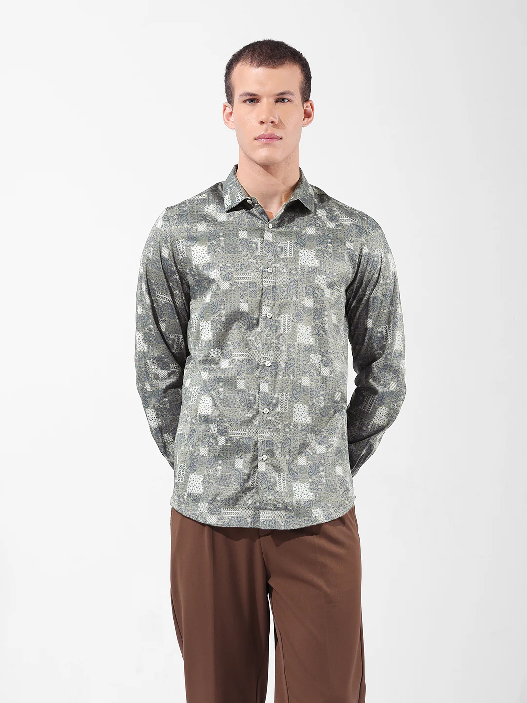 Men's Olive Slim Fit Printed Party Wear Shirt - Image 7