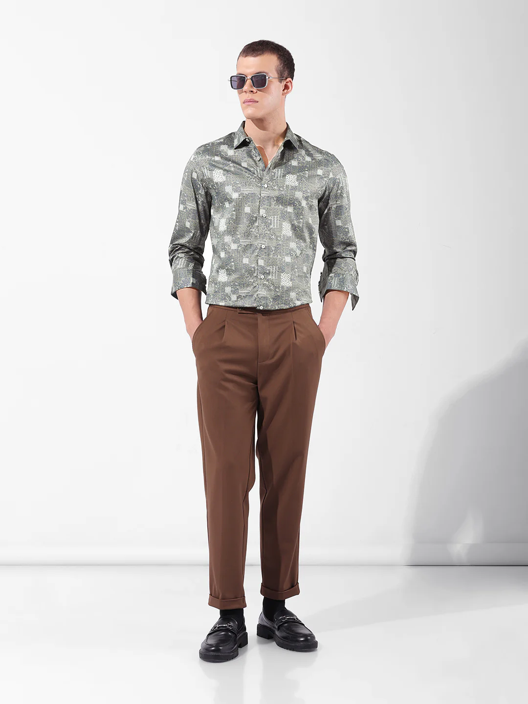 Men's Olive Slim Fit Printed Party Wear Shirt - Image 8