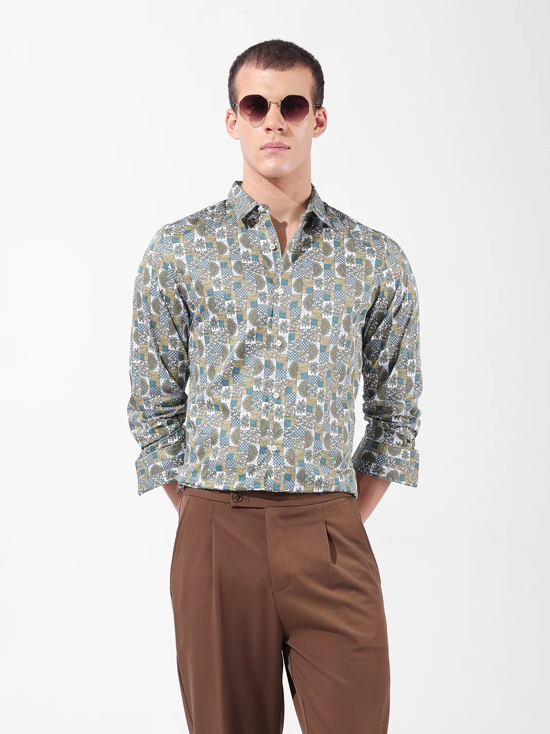 Men's Olive Slim Fit Printed Party Wear Shirt - Image 2