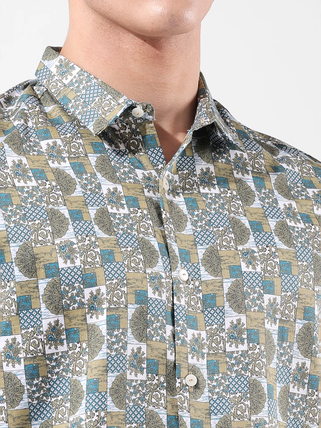 Men's Olive Slim Fit Printed Party Wear Shirt - Image 3