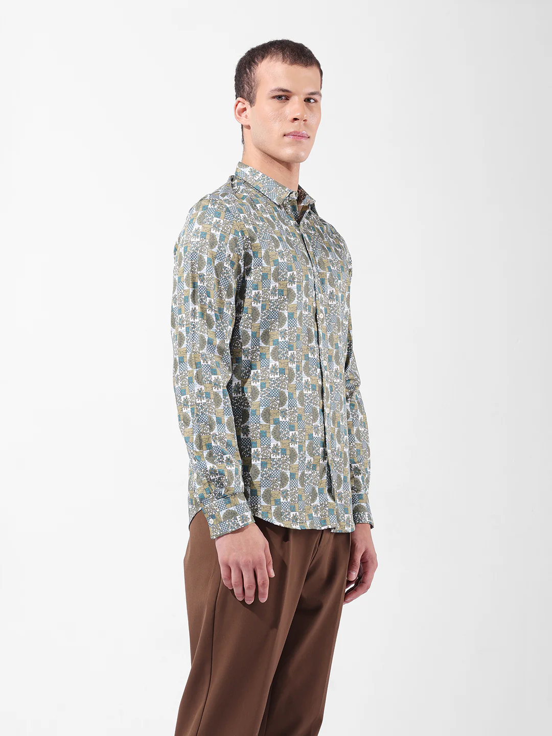 Men's Olive Slim Fit Printed Party Wear Shirt - Image 4