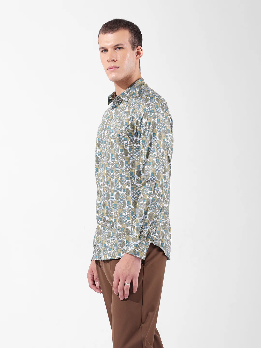 Men's Olive Slim Fit Printed Party Wear Shirt - Image 5