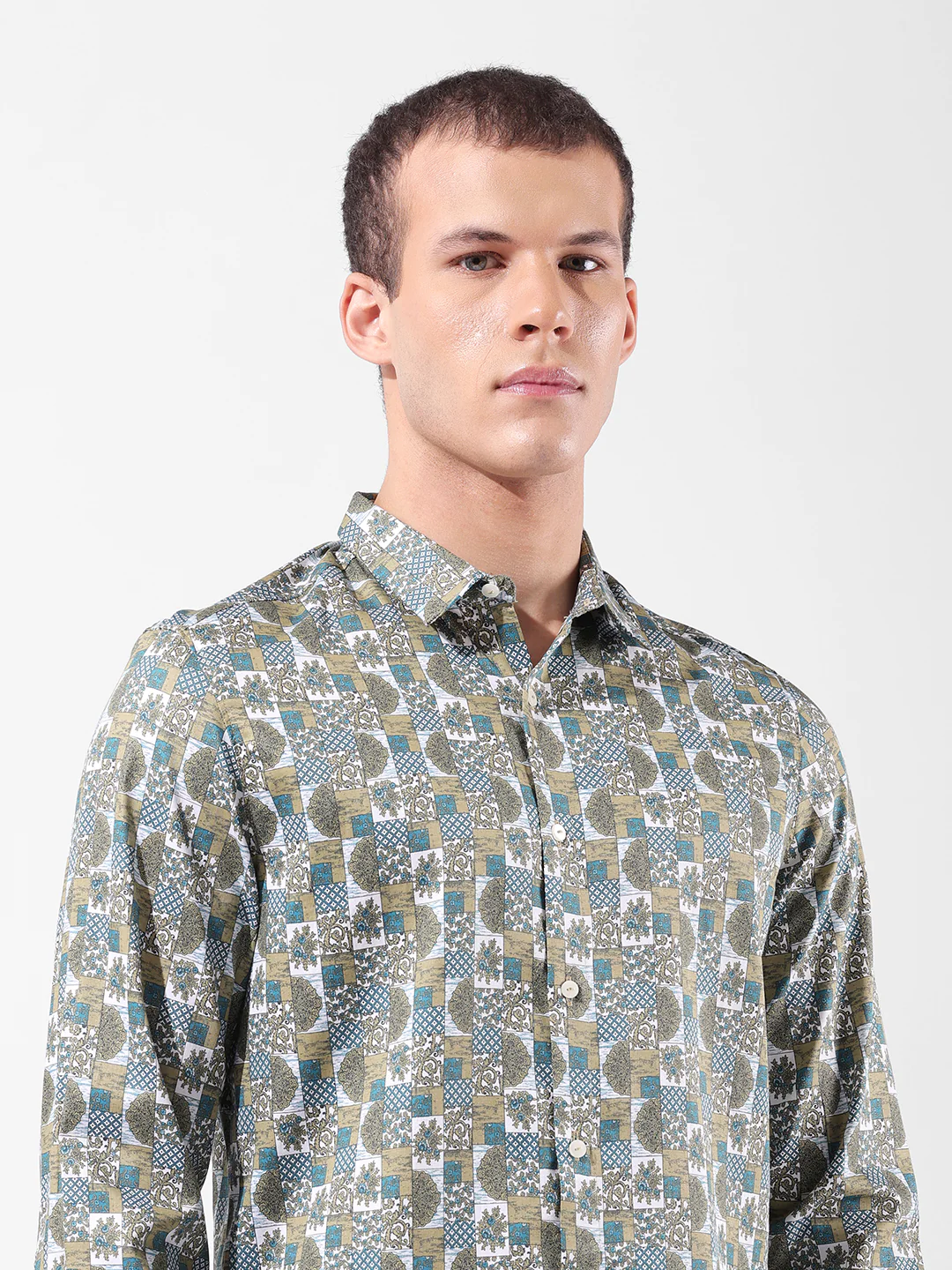 Men's Olive Slim Fit Printed Party Wear Shirt - Image 7