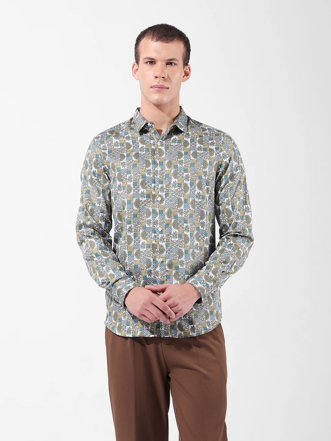 Men's Olive Slim Fit Printed Party Wear Shirt - Image 8