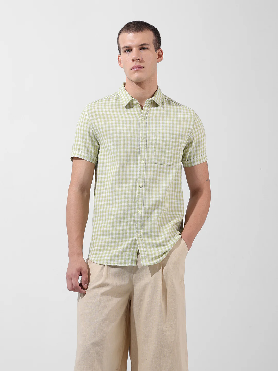 Men's Green Slim Fit Checked Casual Shirt - Image 6