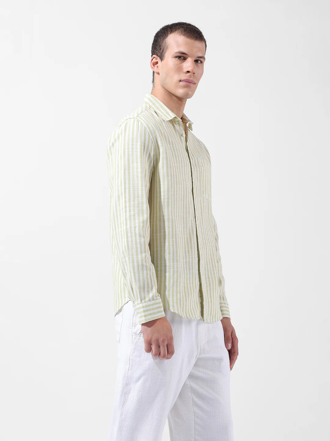 Men's Green Slim Fit Striped Casual Shirt - Image 2