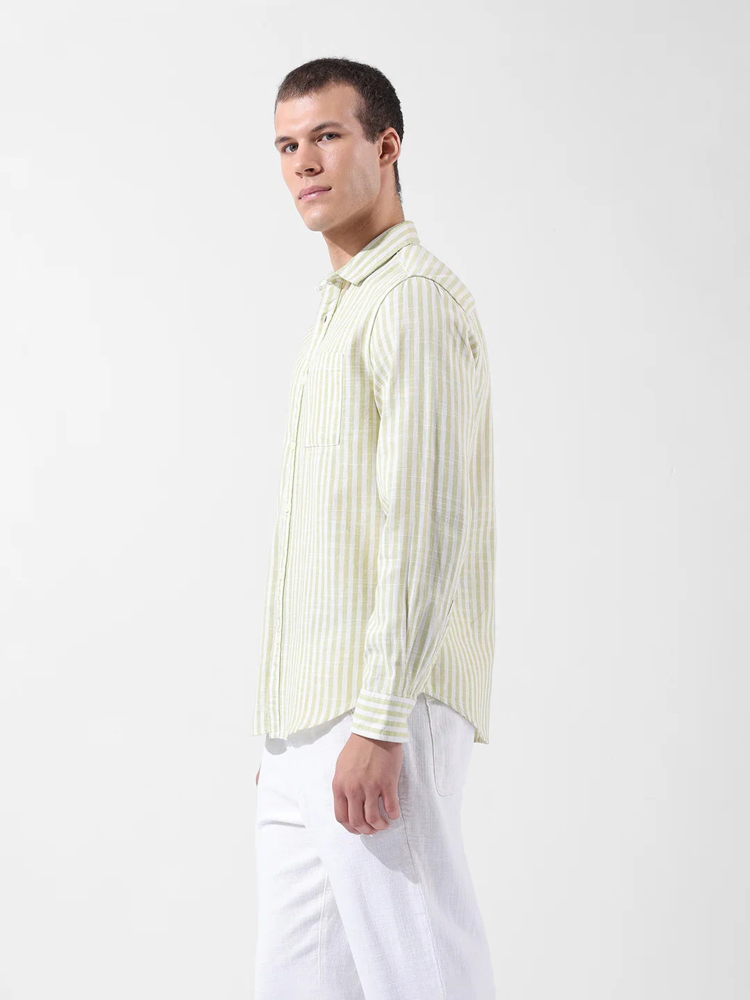 Men's Green Slim Fit Striped Casual Shirt - Image 3