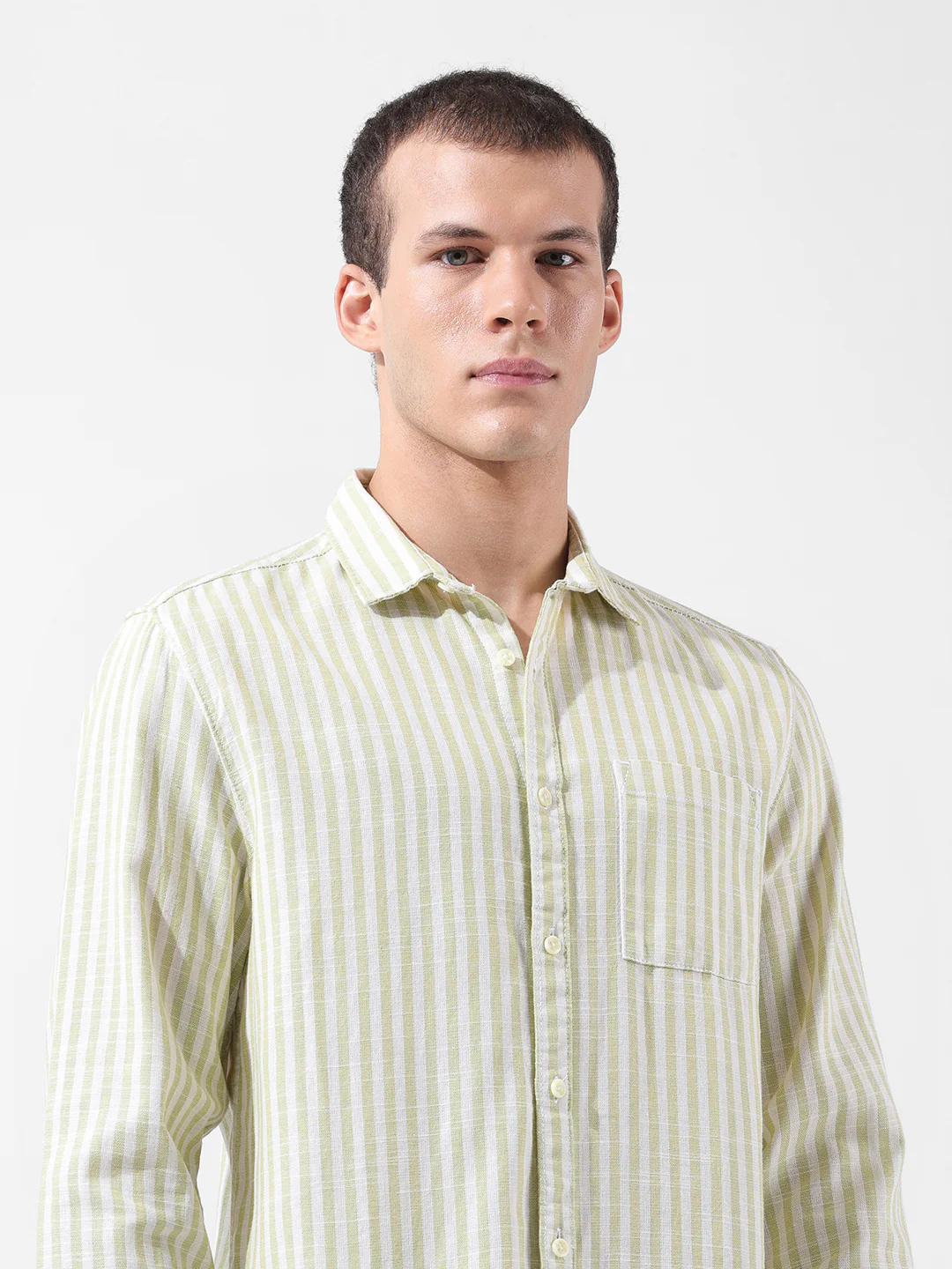 Men's Green Slim Fit Striped Casual Shirt - Image 5