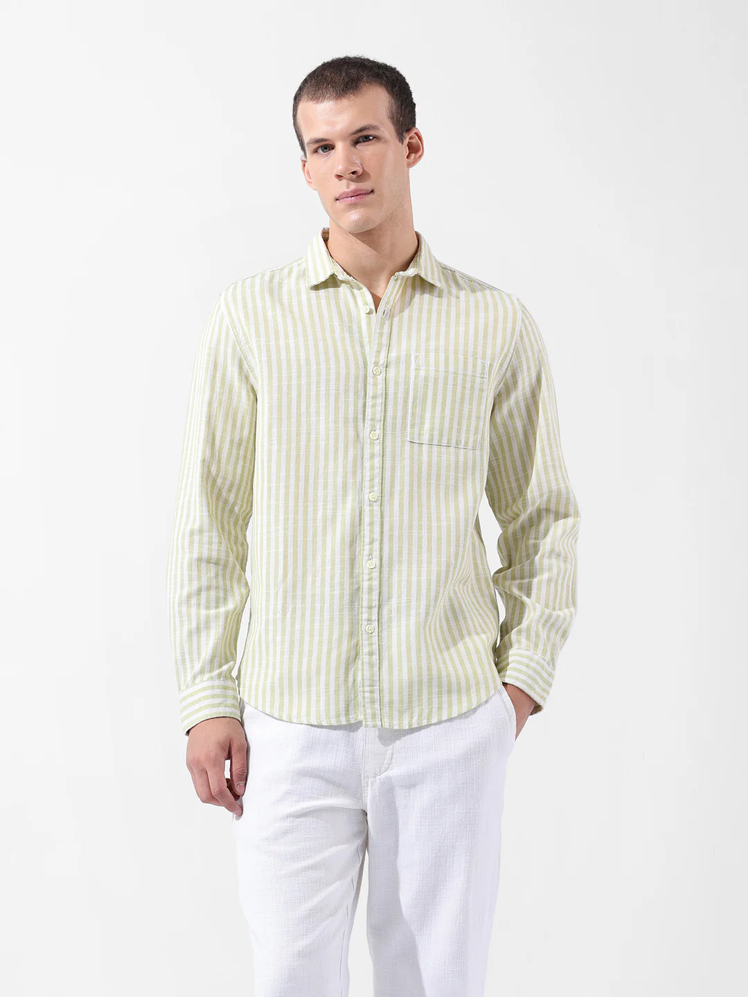 Men's Green Slim Fit Striped Casual Shirt - Image 7