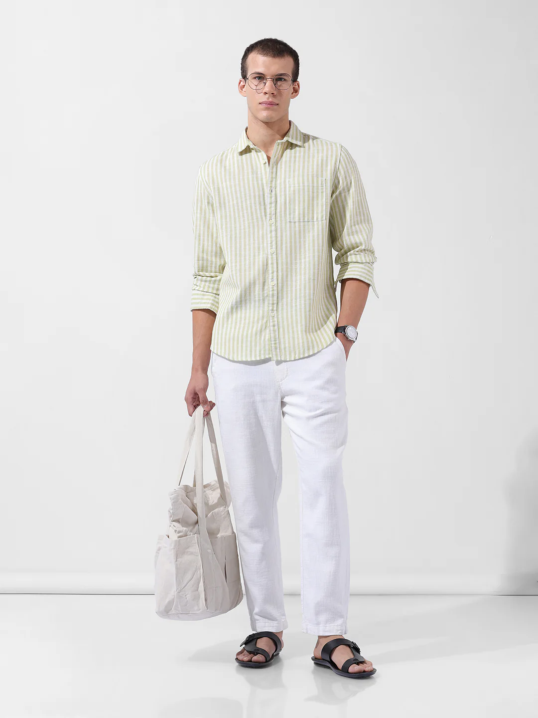 Men's Green Slim Fit Striped Casual Shirt - Image 8