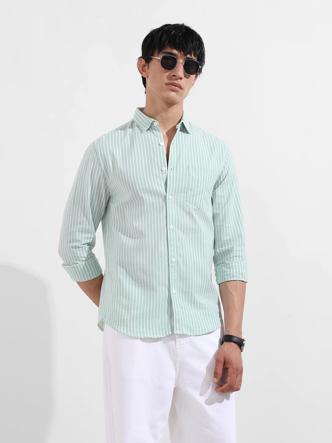 Men's Green Slim Fit Striped Striped Shirt - Image 2