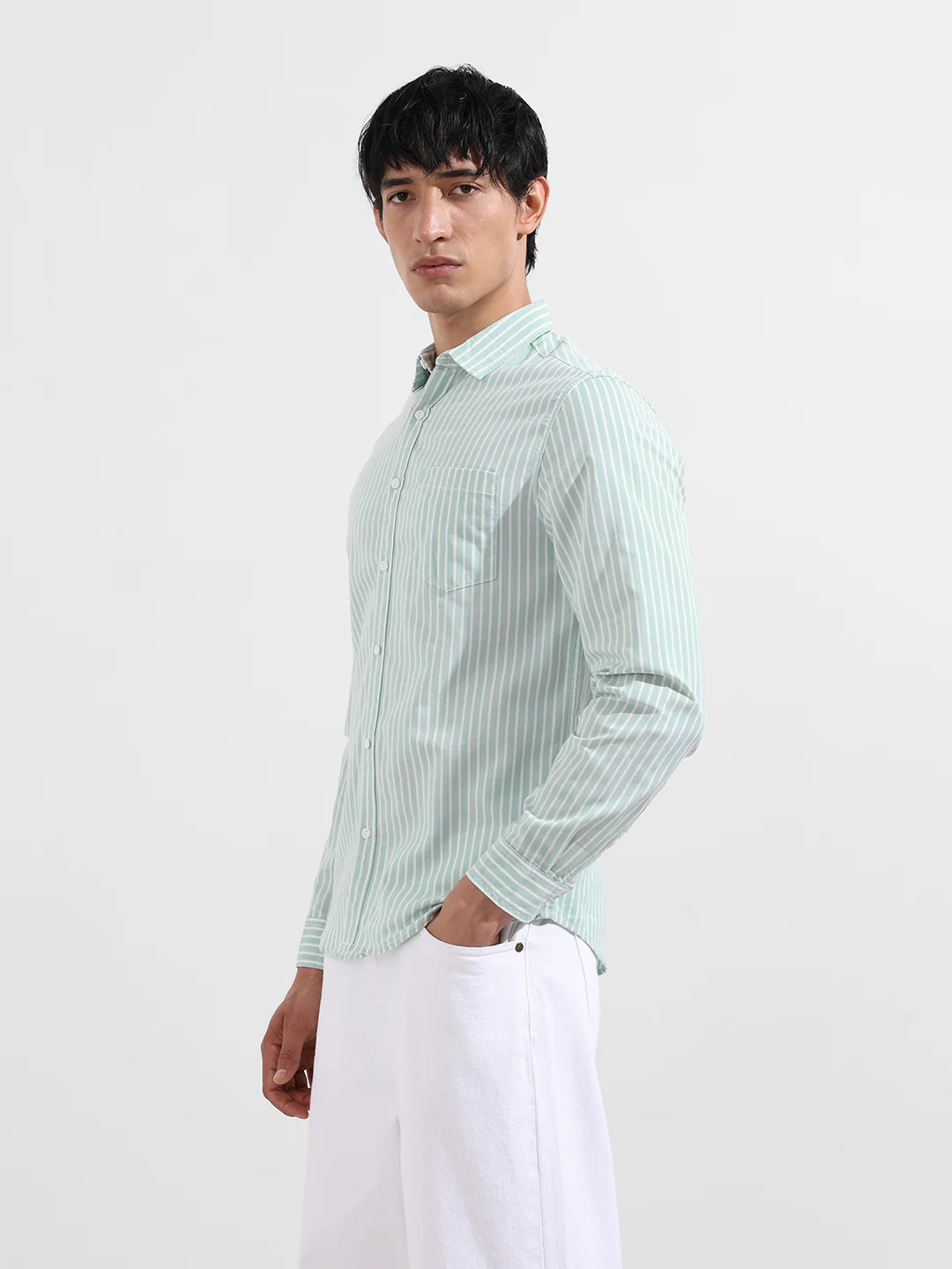 Men's Green Slim Fit Striped Striped Shirt - Image 5