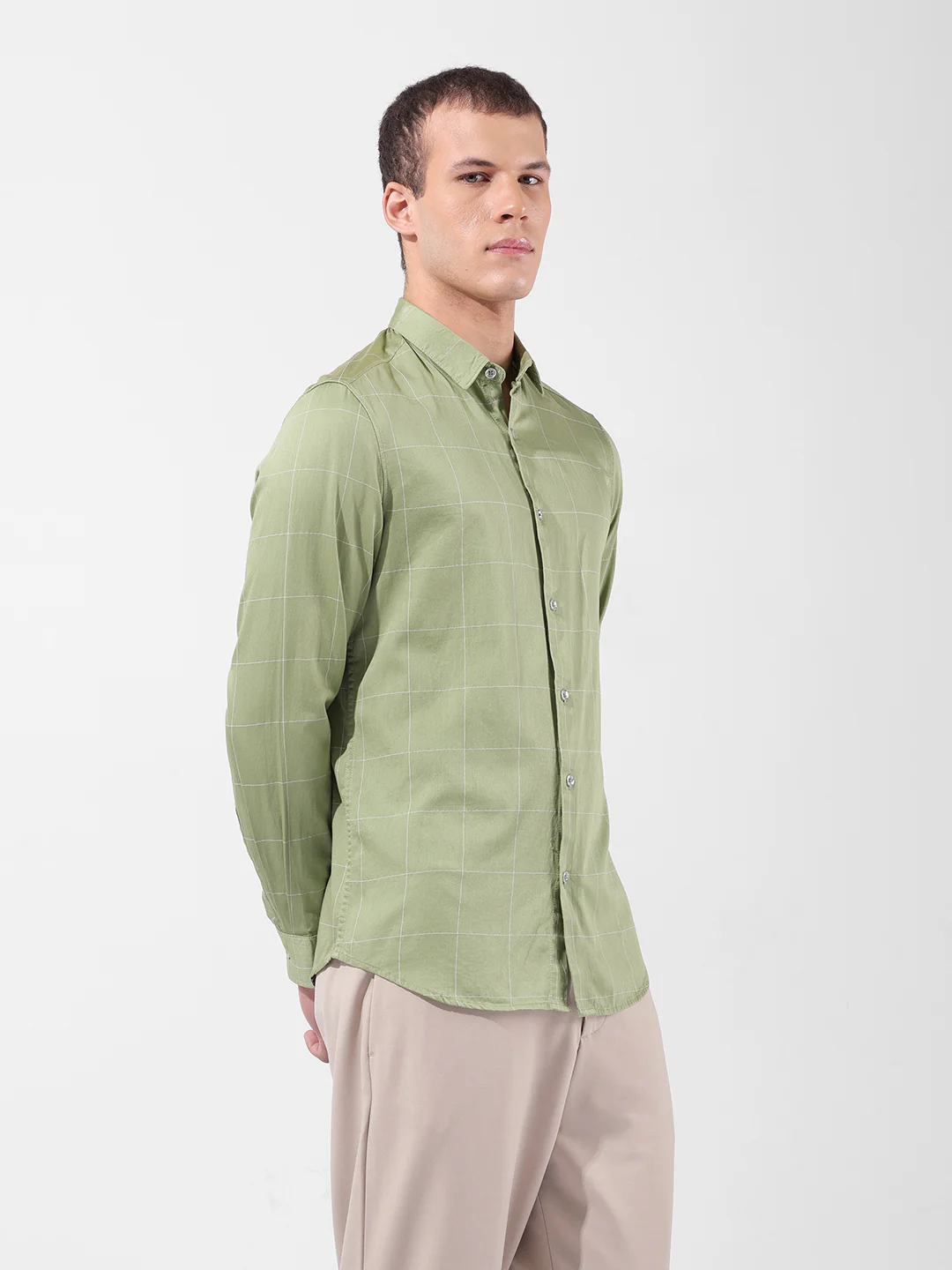 Men's Green Slim Fit Checked Casual Shirt - Image 4