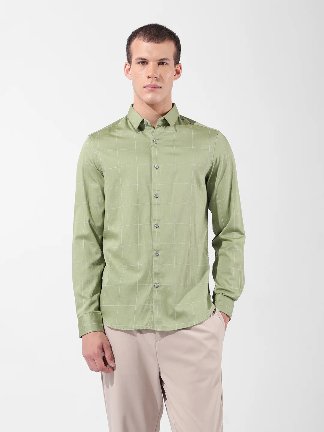 Men's Green Slim Fit Checked Casual Shirt - Image 7