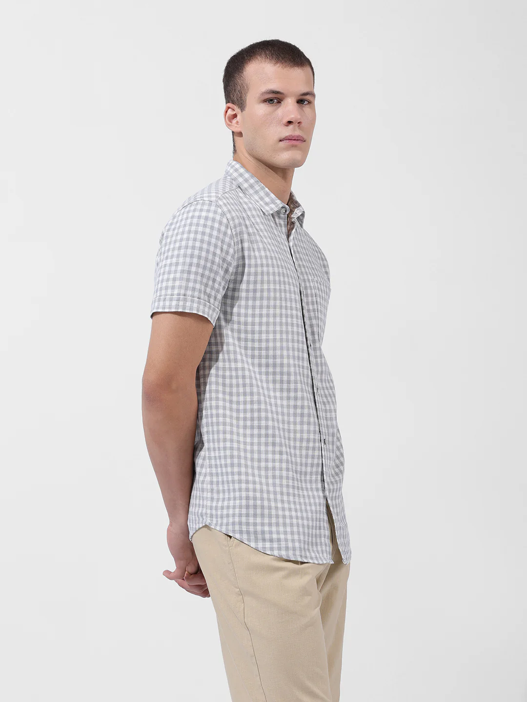Men's Grey Slim Fit Checked Casual Shirt - Image 3