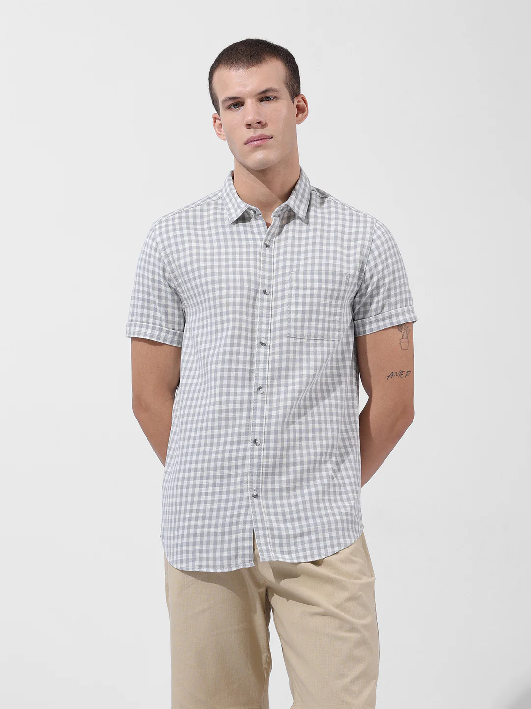 Men's Grey Slim Fit Checked Casual Shirt - Image 6
