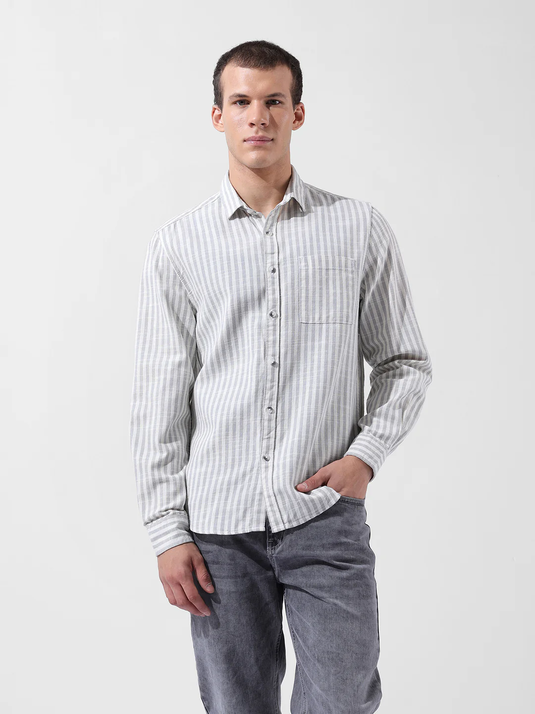 Men's Grey Slim Fit Striped Casual Shirt - Image 5