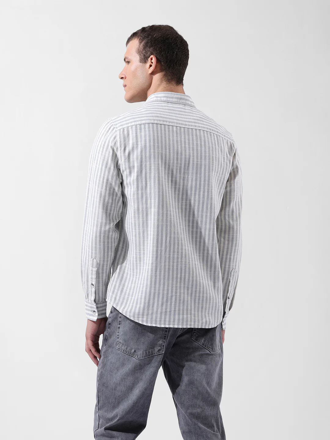 Men's Grey Slim Fit Striped Casual Shirt - Image 6