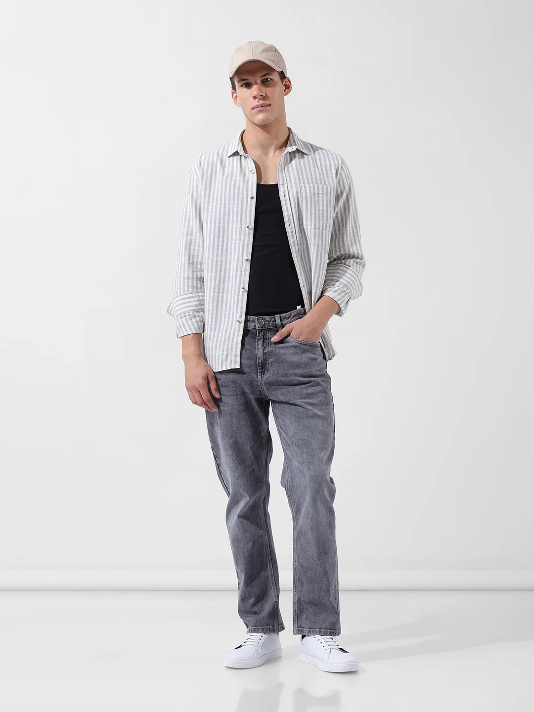 Men's Grey Slim Fit Striped Casual Shirt - Image 7