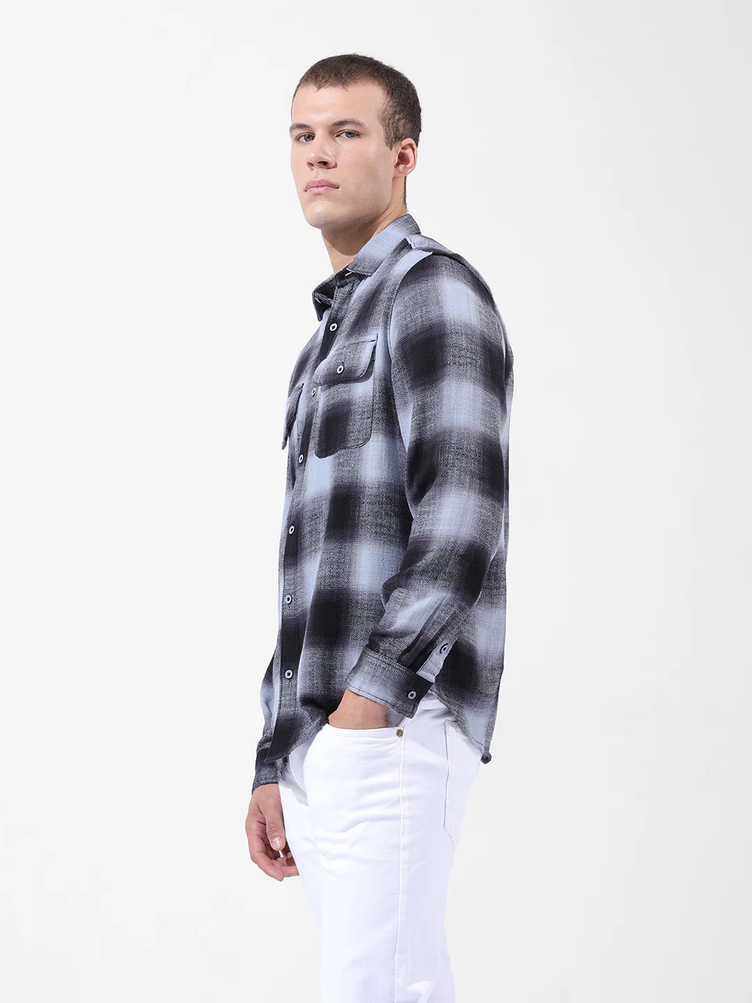 Men's Grey Slim Fit Checked Casual Shirt - Image 2