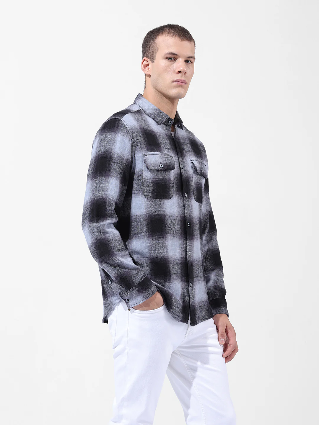 Men's Grey Slim Fit Checked Casual Shirt - Image 3