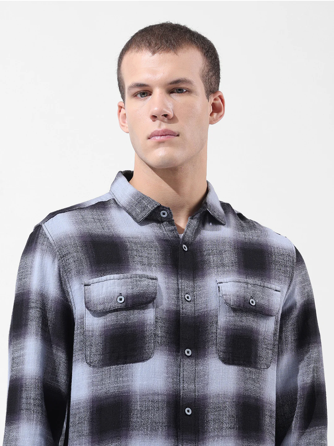 Men's Grey Slim Fit Checked Casual Shirt - Image 5