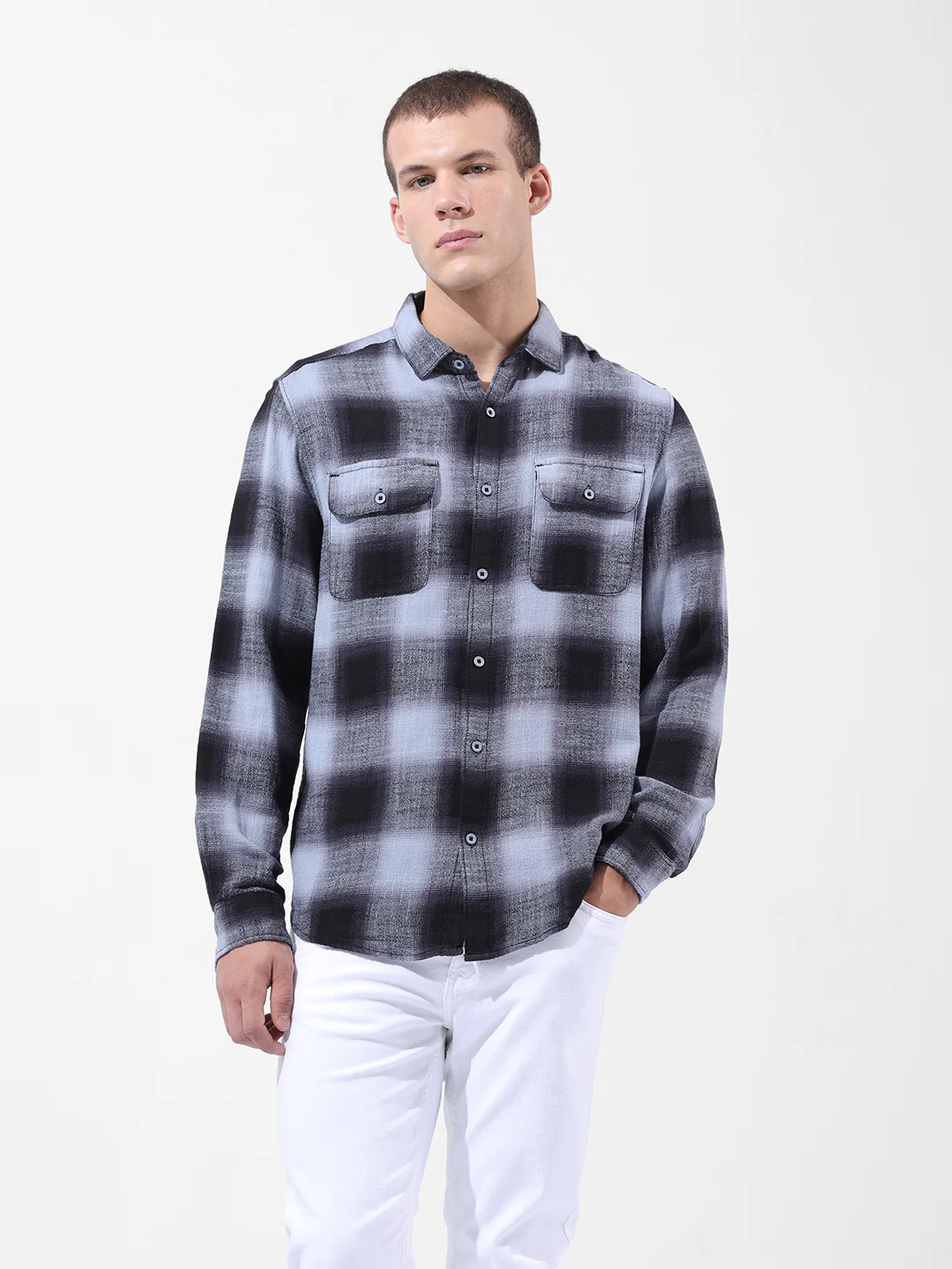 Men's Grey Slim Fit Checked Casual Shirt - Image 7
