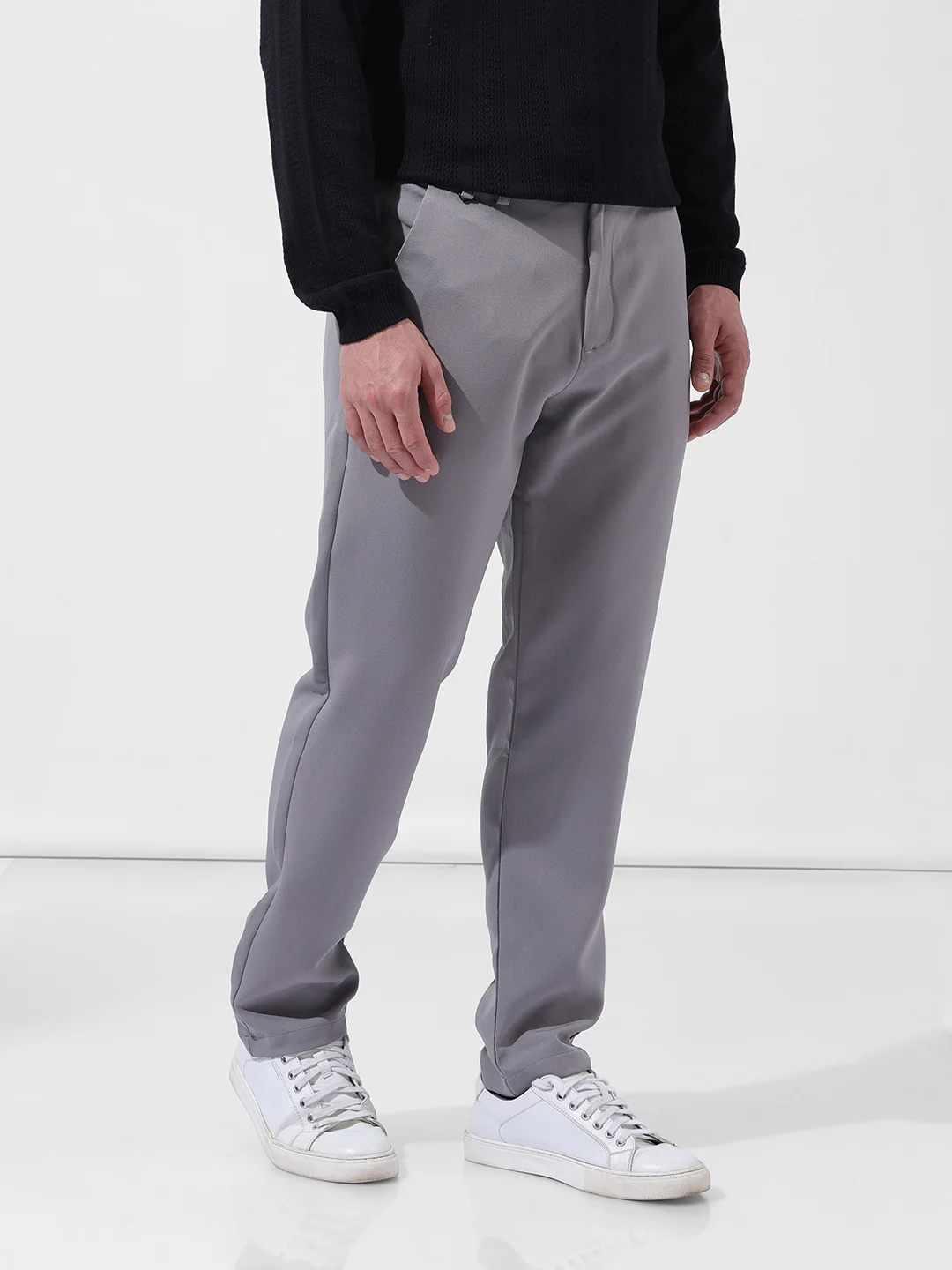 Men's Cloud Grey Slim Fit Solid Casual Trouser - Image 3
