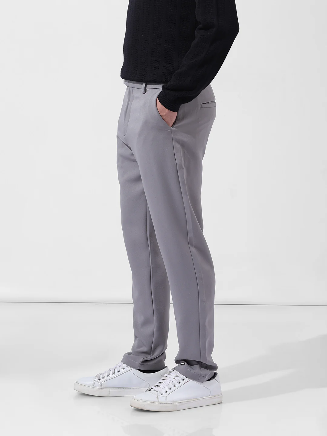 Men's Cloud Grey Slim Fit Solid Casual Trouser - Image 4