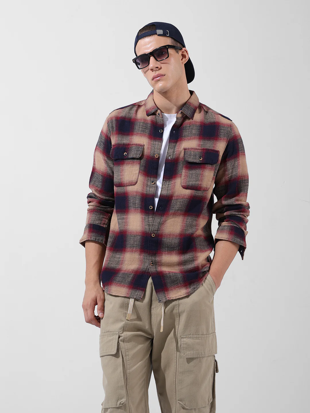 Men's Khaki Slim Fit Checked Casual Shirt - Image 2