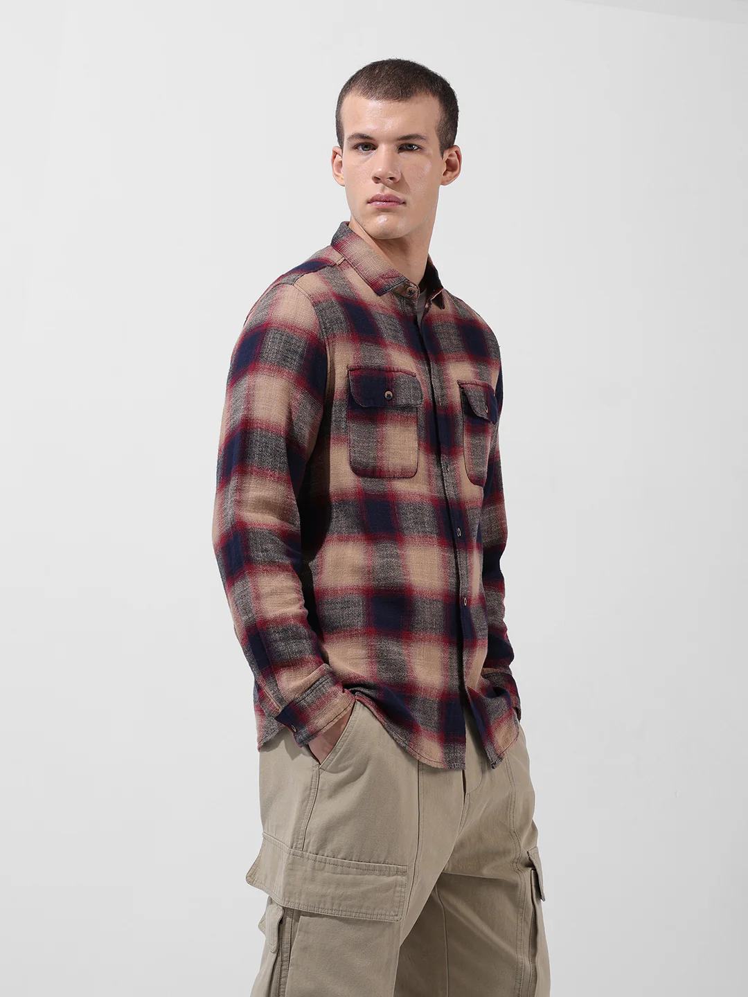 Men's Khaki Slim Fit Checked Casual Shirt - Image 3