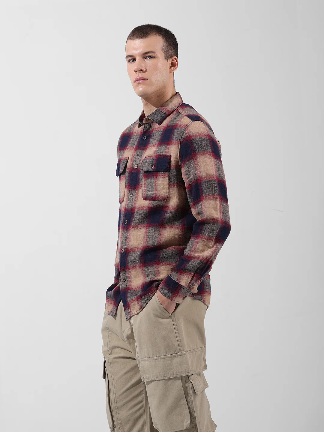 Men's Khaki Slim Fit Checked Casual Shirt - Image 4
