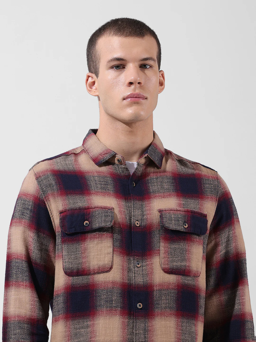 Men's Khaki Slim Fit Checked Casual Shirt - Image 6